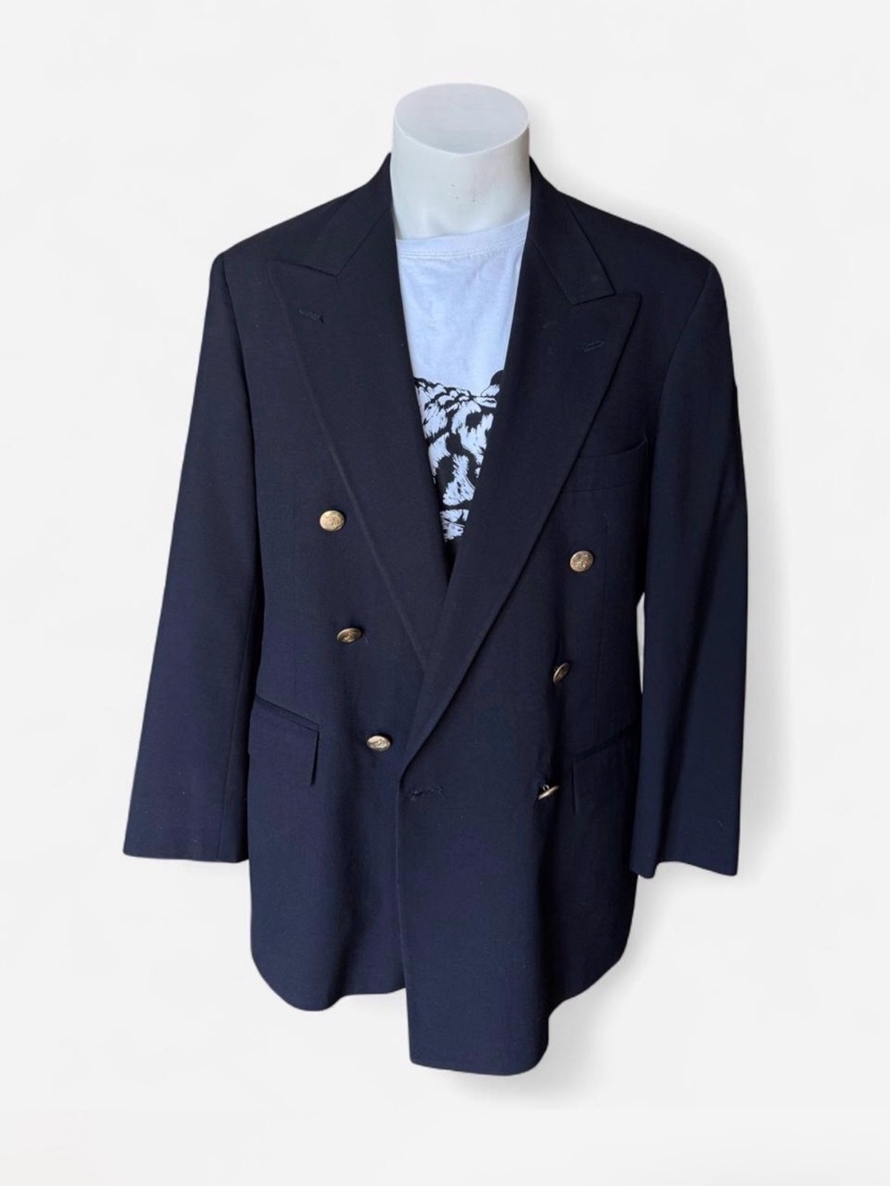 Vintage Classic Double-Breasted Navy Suit Blazer with Gold Buttons